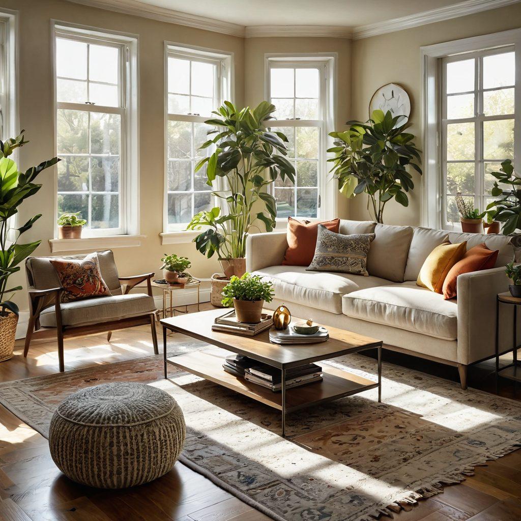 A stylish living room showcasing a blend of modern and vintage furniture, with an inviting color palette. Incorporate potted plants, decorative cushions, and art pieces that reflect personality and warmth. A sunlight streaming through large windows, casting soft shadows on a cozy rug. Enhance the atmosphere with various textures and a hint of elegance. super-realistic. vibrant colors. natural light.