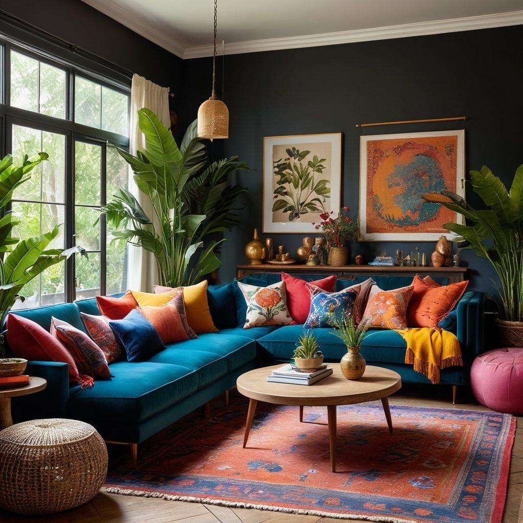 A beautifully arranged interior scene showcasing various furniture styles such as modern, vintage, and bohemian. Include stylish decor elements like colorful cushions, elegant lighting fixtures, and plants that enhance the ambiance. The space should feel warm and inviting, illustrating a blend of these styles in harmony. Blend of textures and patterns to highlight the 'stylish decor' theme. vibrant colors. super-realistic.