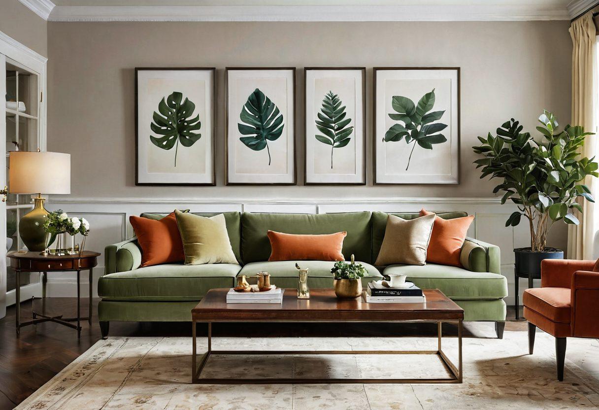 A beautifully arranged interior space showcasing a seamless blend of modern and traditional furniture styles. Highlight a sleek, contemporary sofa juxtaposed with an ornate, vintage coffee table. Include warm lighting and subtle decor elements that evoke a sense of comfort and sophistication. Incorporate lush greenery for a fresh touch, and create a cozy atmosphere. super-realistic. vibrant colors. warm tones.